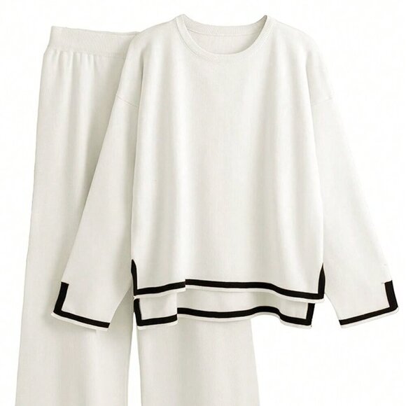 White Casual Women's Color Block Sweater Set - Picture 2 of 8
